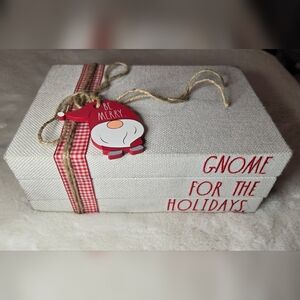 Rae Dunn Gnome For The Holidays Be Merry Book Stack Decor Tweed Gingham Rare